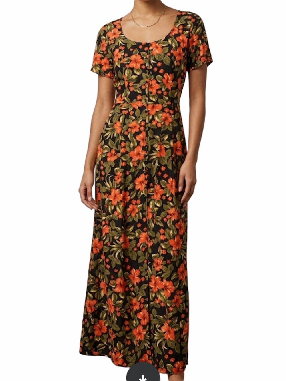 Erika Vintage 90s Black Green Orange Hawaiian Floral Maxi Dress Sz S
